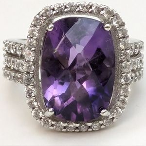 Sz5 Sterling Silver 14x10mm Checkerboard Cut Amethyst Halo Ring
